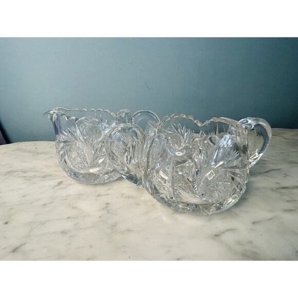 EUC American Brilliant Cut Crystal Glass Pinwheel Creamer Sugar Bowl Set ABP - Picture 11 of 16